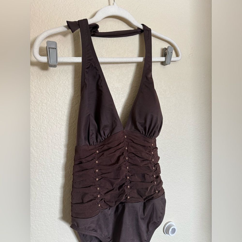 Miraclesuit MagicSuit Bohemian Halter-neck Swim Suit One Piece Ruched Sz 6 Brown